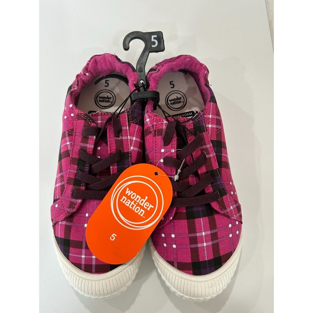 WONDER NATION GIRLS PINK PLAID CANVAS BUMP TOE SNEAKERS SHOES SIZE‎ 5 BRAND NEW
